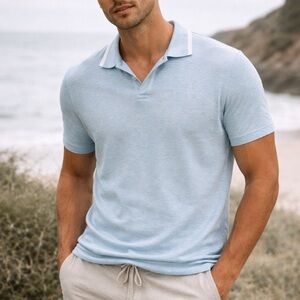 Orlebar Brown 100% Linen Polo Shirt Blue Made in Portugal XL